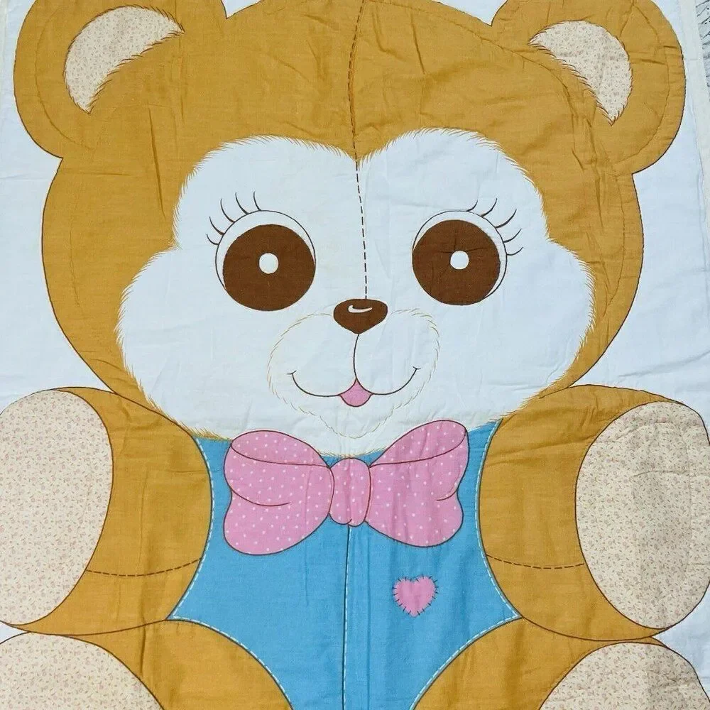 Vintage Quilted Teddy Bear Lace Trim Blanket 48 x 37 Nursery Baby Cute Kawaii